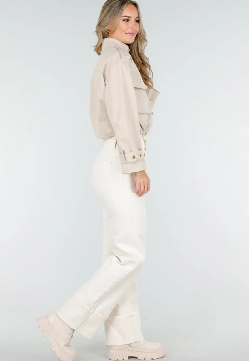Licht Beige Cropped Jas met Grote Borstzakken en Epauletten