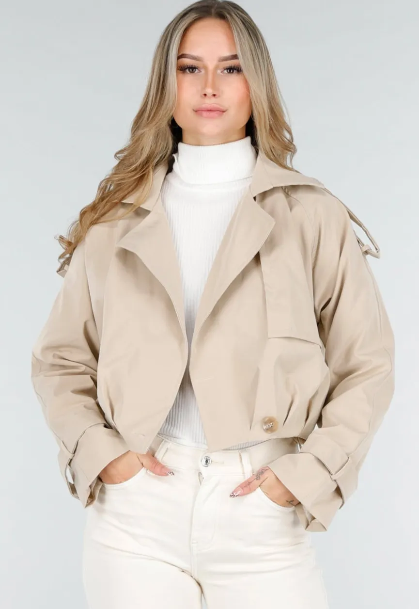 Lichtbeige Korte Trenchcoat met Knopen en Reverskraag