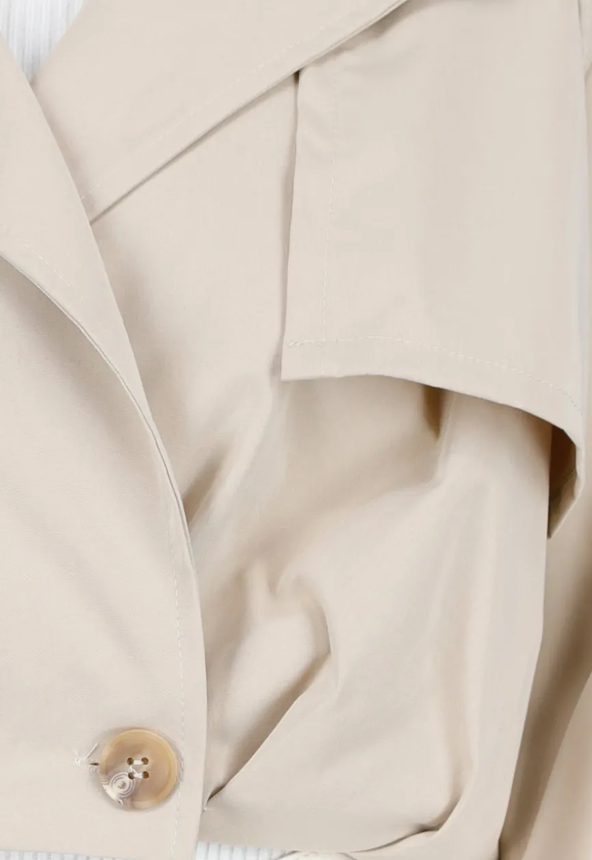Lichtbeige Korte Trenchcoat met Knopen en Reverskraag