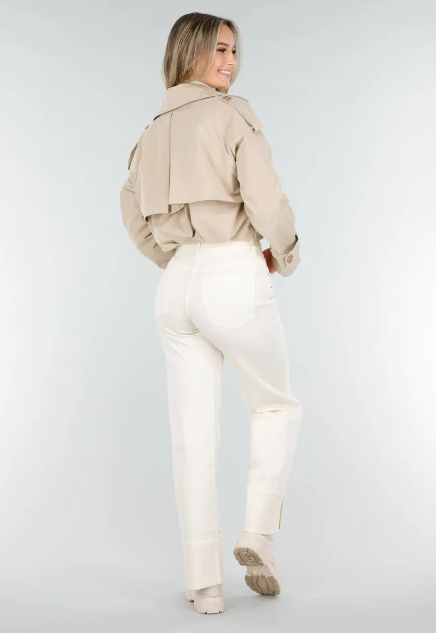 Lichtbeige Korte Trenchcoat met Knopen en Reverskraag