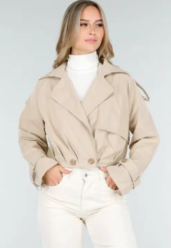 Lichtbeige Korte Trenchcoat met Knopen en Reverskraag
