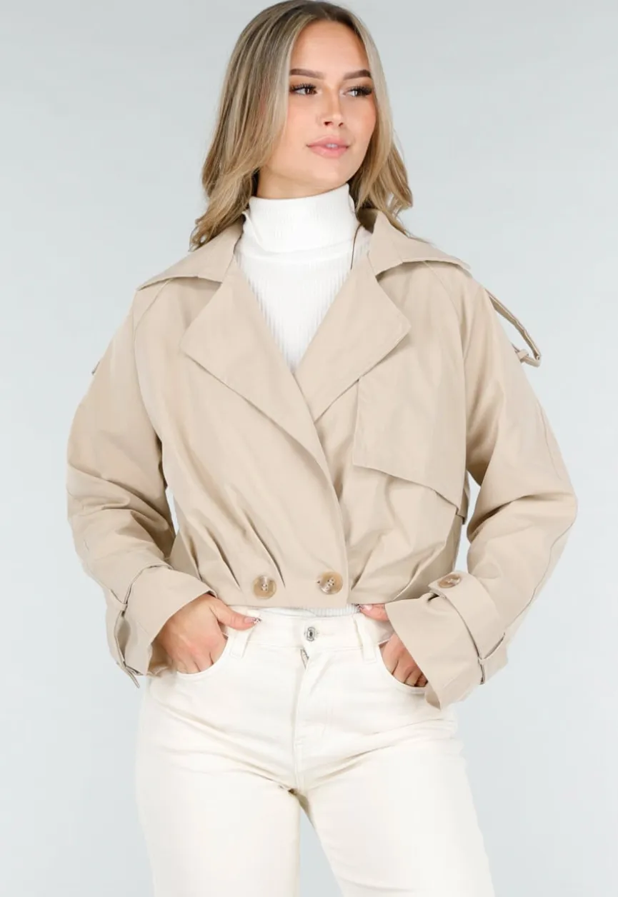 Lichtbeige Korte Trenchcoat met Knopen en Reverskraag