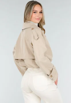 Lichtbeige Korte Trenchcoat met Knopen en Reverskraag