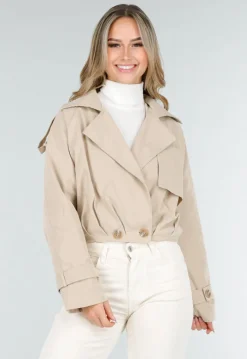 Lichtbeige Korte Trenchcoat met Knopen en Reverskraag