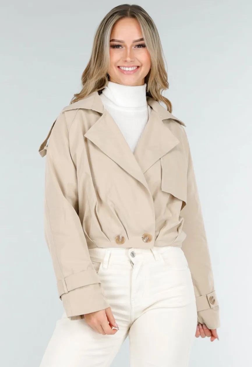 Lichtbeige Korte Trenchcoat met Knopen en Reverskraag
