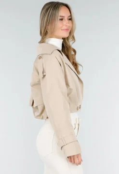 Lichtbeige Korte Trenchcoat met Knopen en Reverskraag