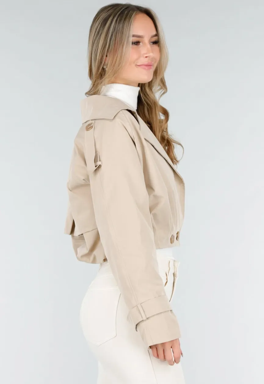 Lichtbeige Korte Trenchcoat met Knopen en Reverskraag