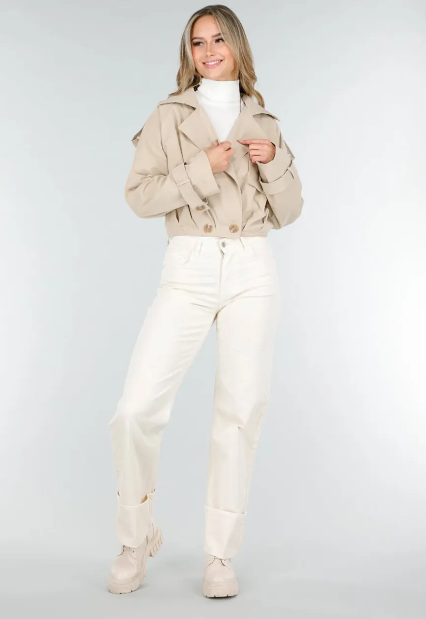 Lichtbeige Korte Trenchcoat met Knopen en Reverskraag