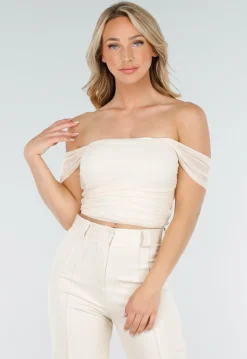 Lichtbeige Mesh Off Shoulder Top met Stretch en Drapé Effect
