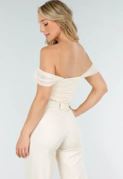 Lichtbeige Mesh Off Shoulder Top met Stretch en Drapé Effect