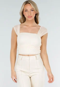 Lichtbeige Mesh Off Shoulder Top met Stretch en Drapé Effect