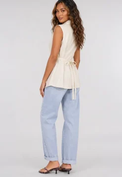 Lichtbeige Mouwloos Gilet met Revers en Tailleriem