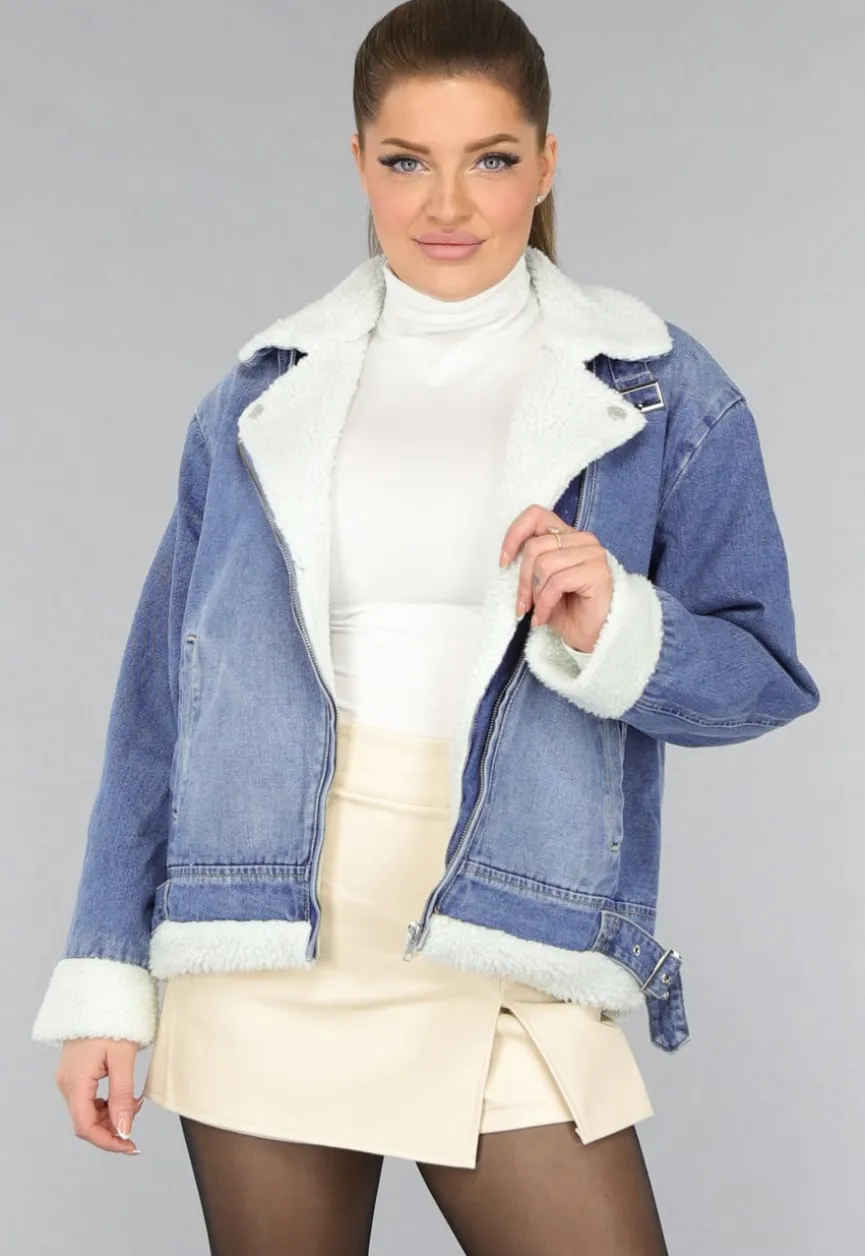 Lichtblauw Denim Teddy Biker Jasje