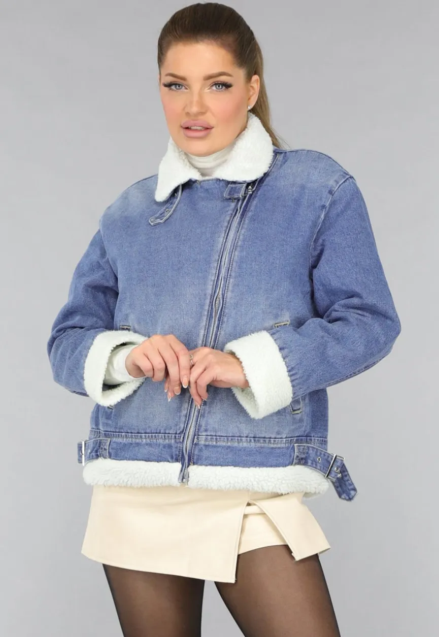 Lichtblauw Denim Teddy Biker Jasje