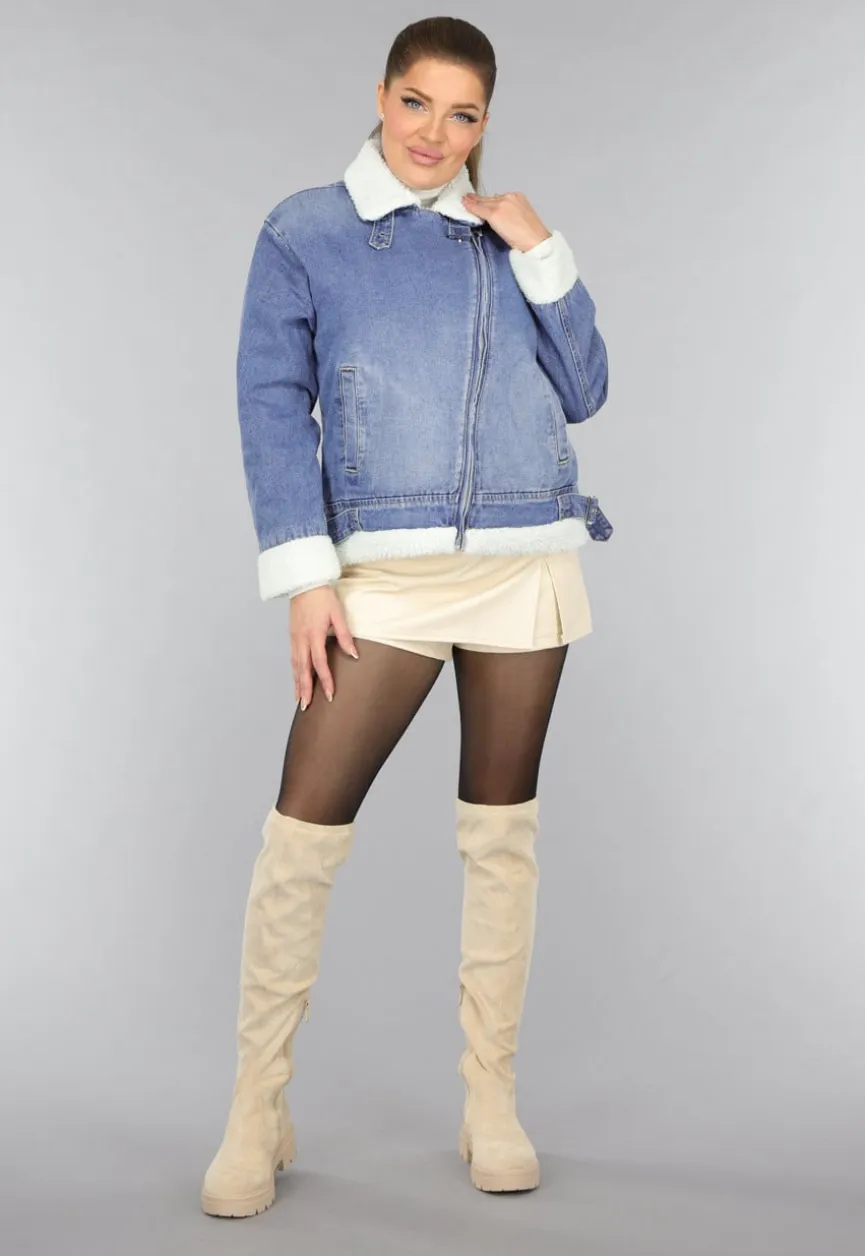 Lichtblauw Denim Teddy Biker Jasje