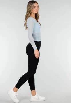 Lichtblauwe Asymmetrische Mesh Top met Lange Mouwen en Pads