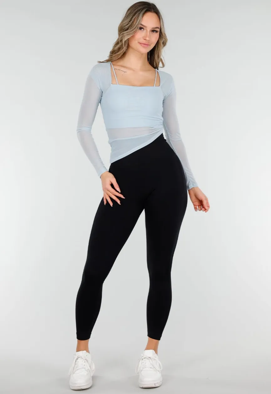 Lichtblauwe Asymmetrische Mesh Top met Lange Mouwen en Pads