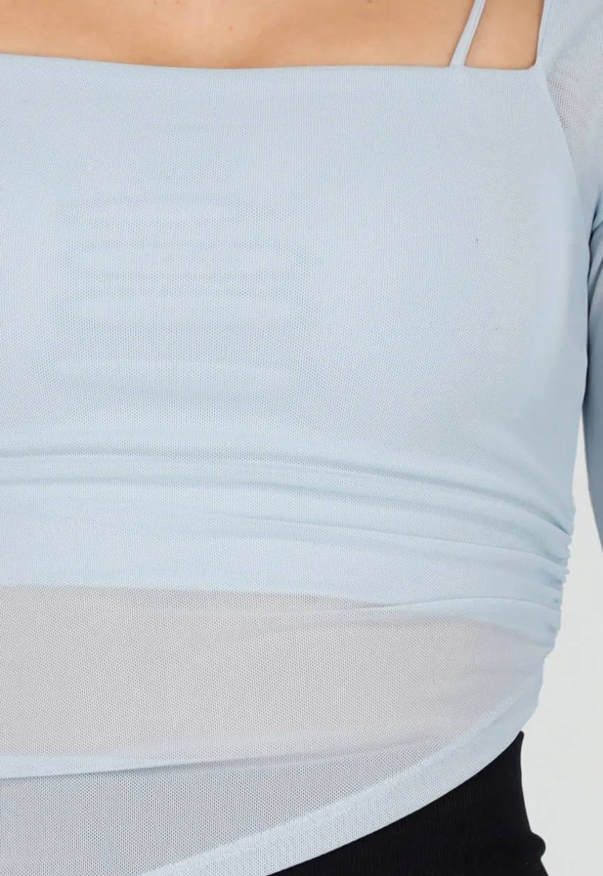 Lichtblauwe Asymmetrische Mesh Top met Lange Mouwen en Pads