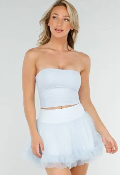 Lichtblauwe Bandeau Top met Stretch en Rechte Halslijn