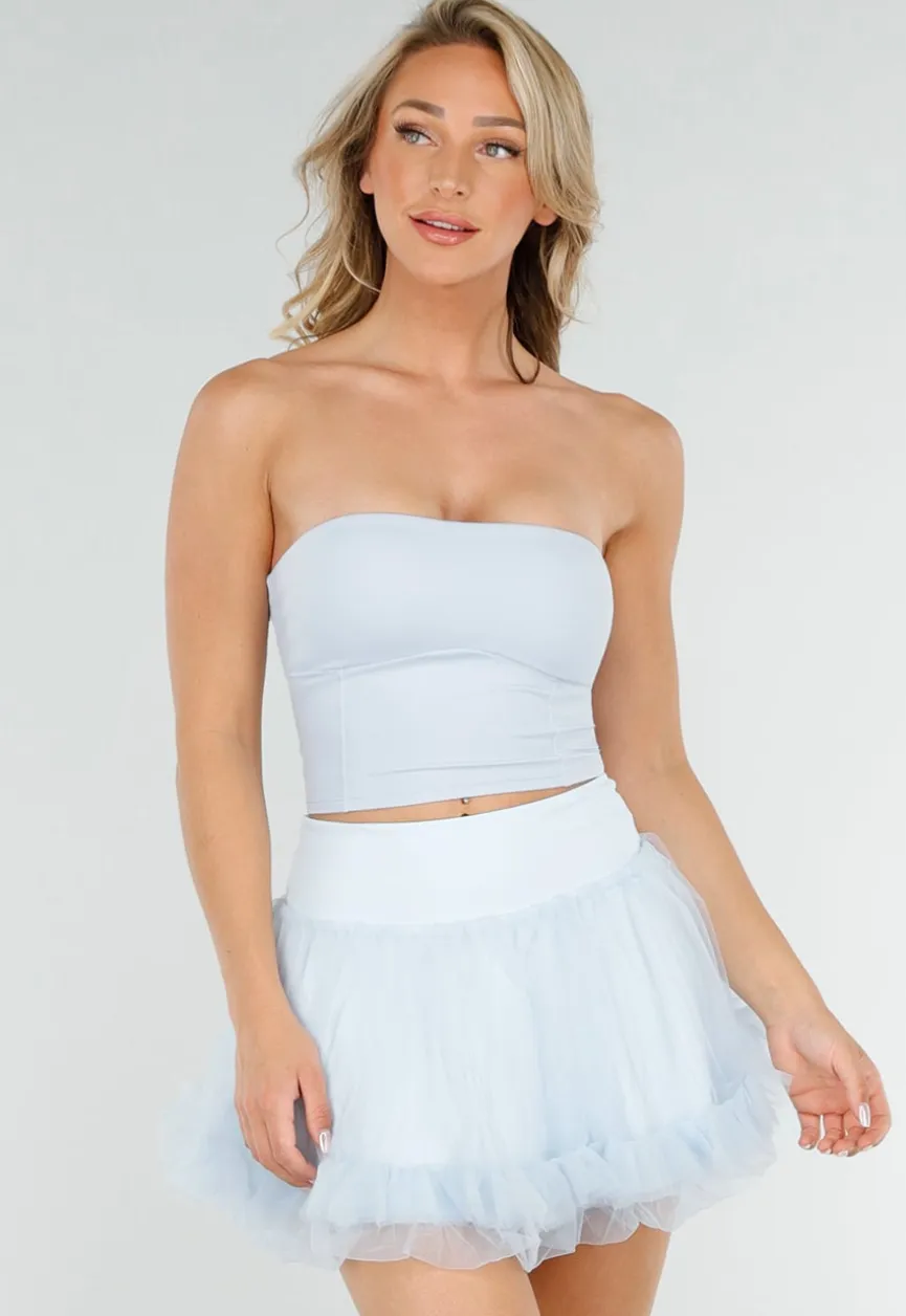 Lichtblauwe Bandeau Top met Stretch en Rechte Halslijn