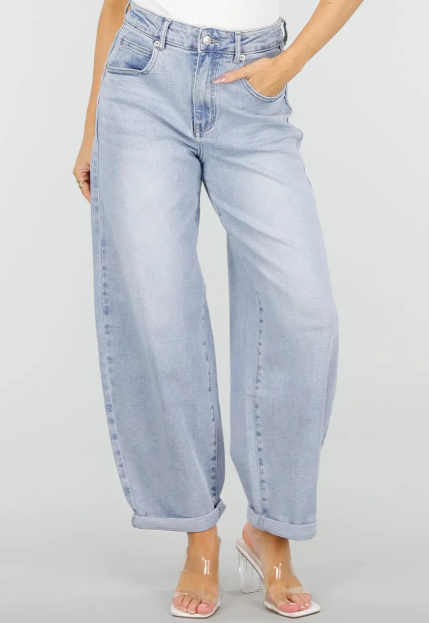 Lichtblauwe Barrel Jeans met Hoge Taille