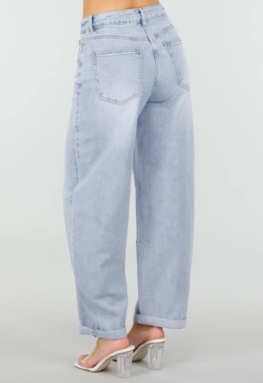 Lichtblauwe Barrel Jeans met Hoge Taille