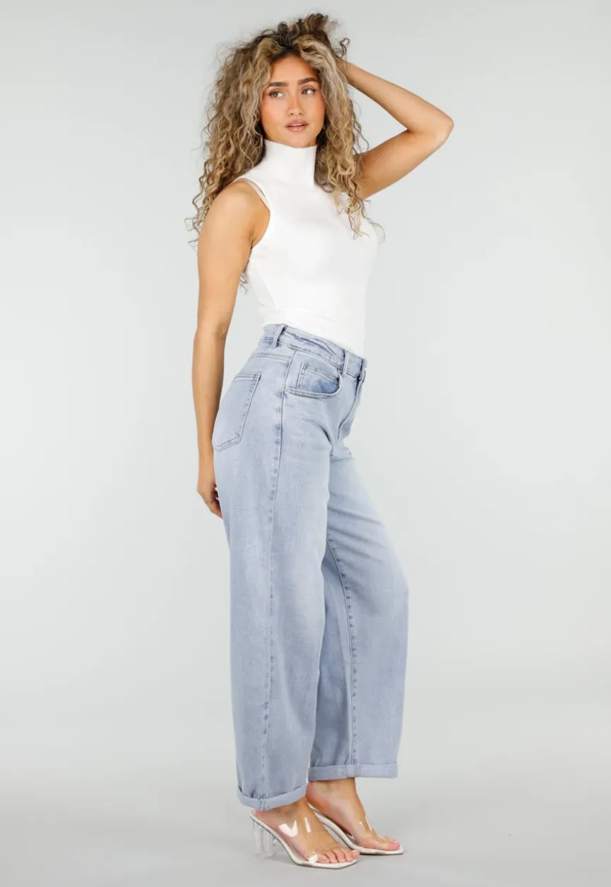 Lichtblauwe Barrel Jeans met Hoge Taille