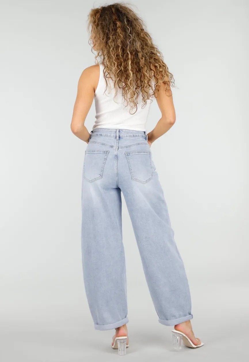 Lichtblauwe Barrel Jeans met Hoge Taille