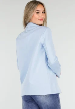 Lichtblauwe Blazer met Tailleceintuur en Stoffen Bloemdetail