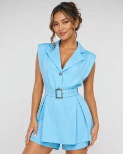 Lichtblauwe Blazer Playsuit met Ceintuur en Schoudervulling
