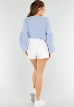 Lichtblauwe Blouse met Hartzakken en Broderie in Linnenlook
