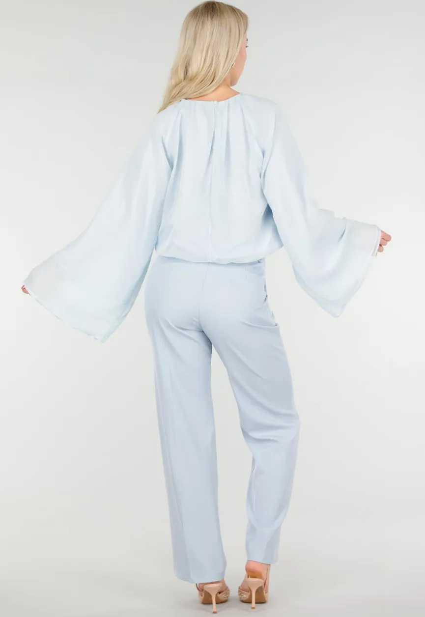 Lichtblauwe Blouse met Wijde Mouwen en Ronde Hals
