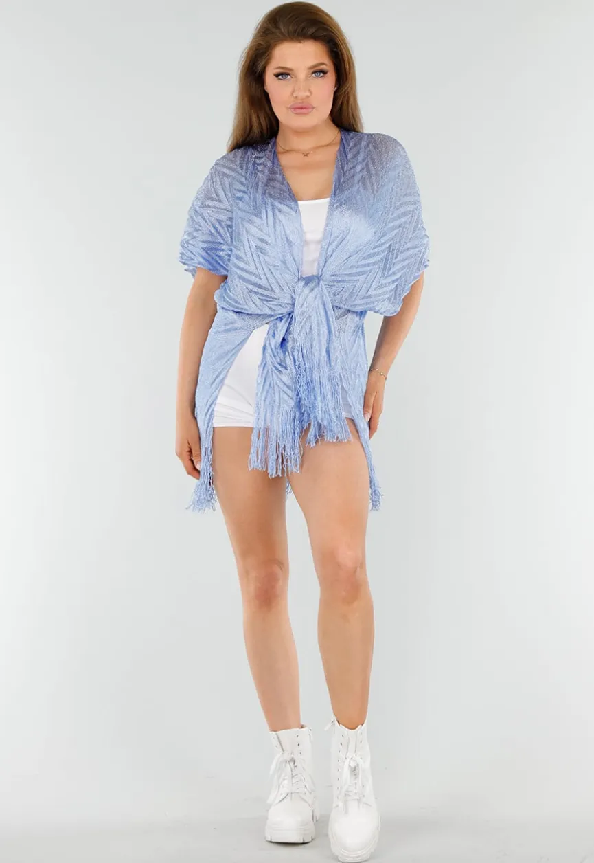 Lichtblauwe Cover-Up met Fringes en Zijsplitten