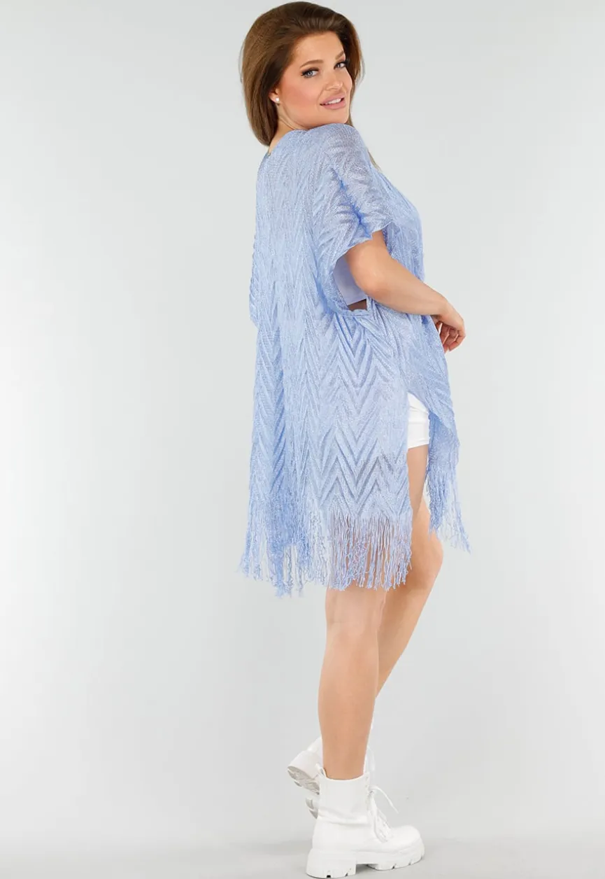 Lichtblauwe Cover-Up met Fringes en Zijsplitten