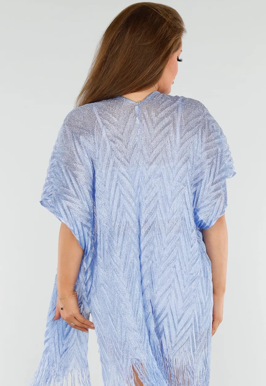Lichtblauwe Cover-Up met Fringes en Zijsplitten