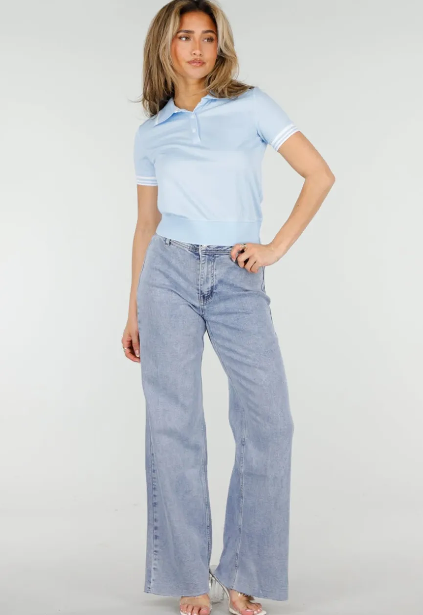 Lichtblauwe Cropped Polo Top met Kraag Knoopsluiting en Strepen