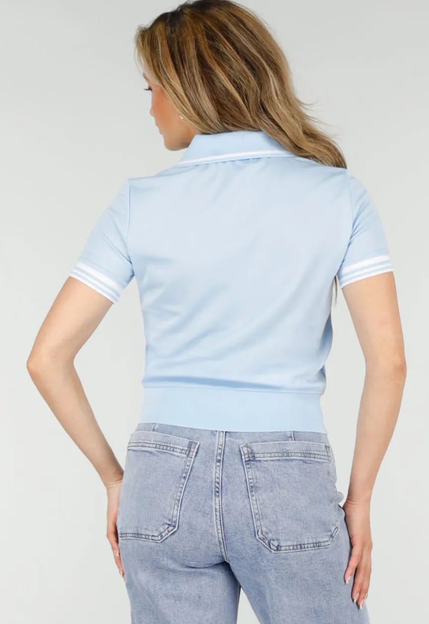 Lichtblauwe Cropped Polo Top met Kraag Knoopsluiting en Strepen