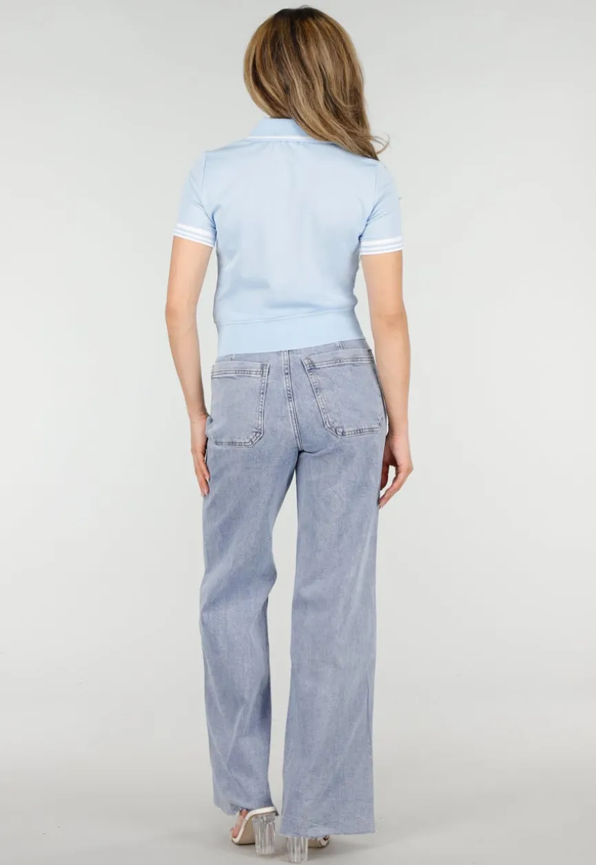 Lichtblauwe Cropped Polo Top met Kraag Knoopsluiting en Strepen