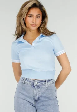 Lichtblauwe Cropped Polo Top met Kraag Knoopsluiting en Strepen
