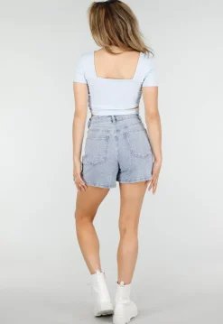 Lichtblauwe Crop Top met Vierkante Hals en Wrap Detail