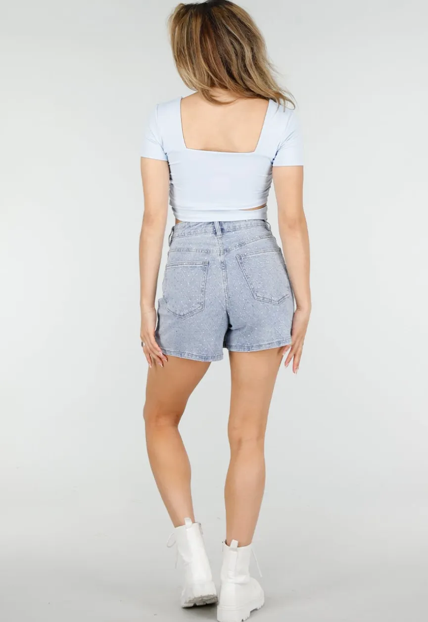 Lichtblauwe Crop Top met Vierkante Hals en Wrap Detail