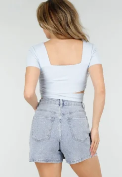 Lichtblauwe Crop Top met Vierkante Hals en Wrap Detail