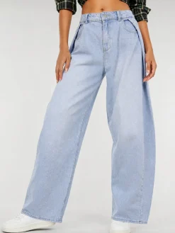Lichtblauwe Denim Balloon Jeans met Plooien en Hoge Taille