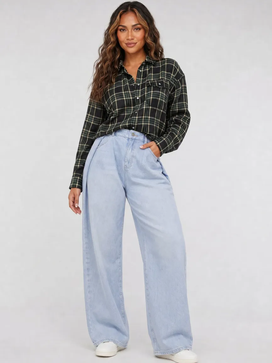 Lichtblauwe Denim Balloon Jeans met Plooien en Hoge Taille