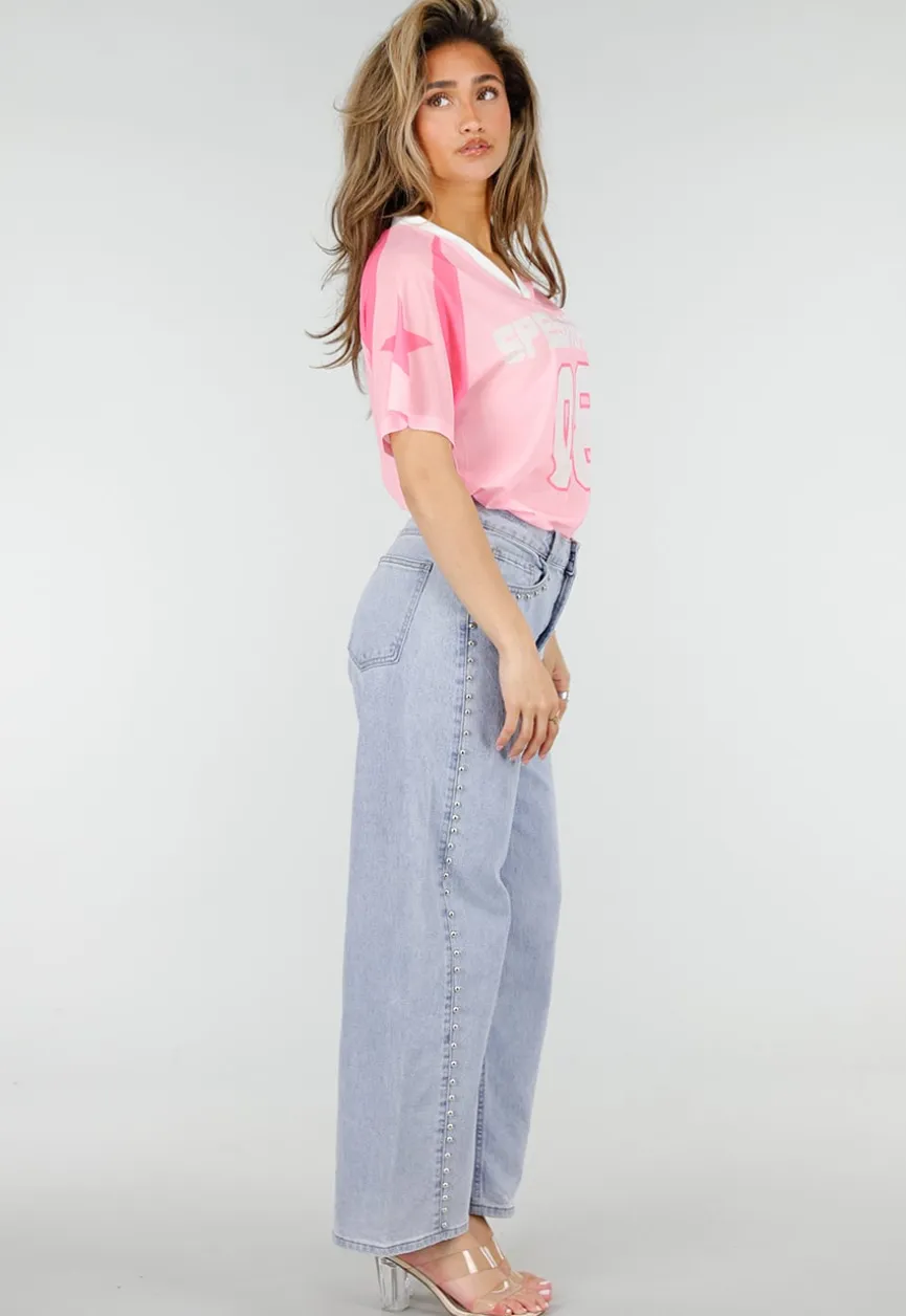 Lichtblauwe Denim Barrel Jeans met Studs en Stretch