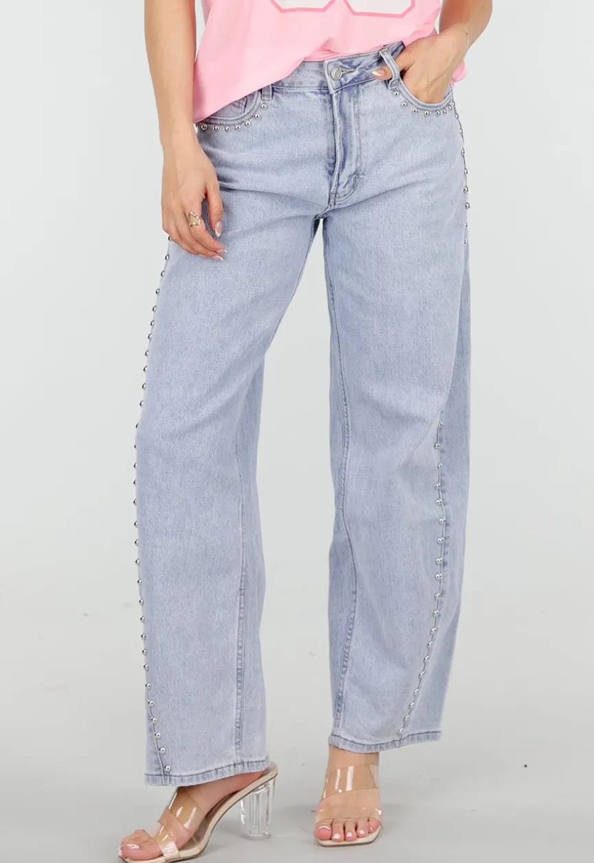 Lichtblauwe Denim Barrel Jeans met Studs en Stretch