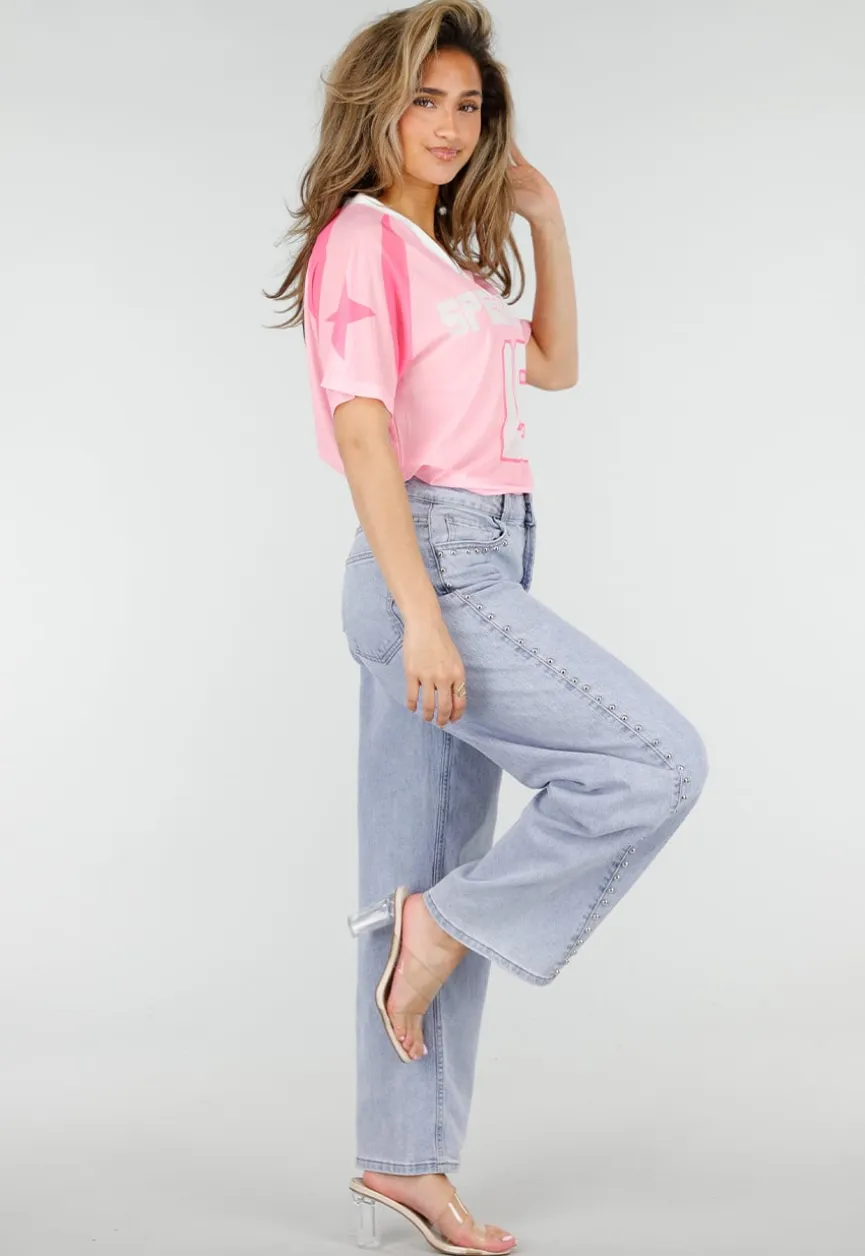 Lichtblauwe Denim Barrel Jeans met Studs en Stretch