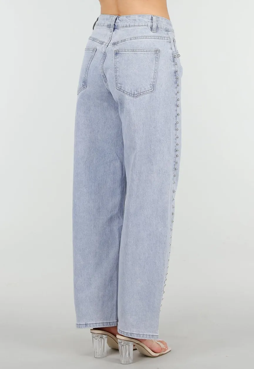 Lichtblauwe Denim Barrel Jeans met Studs en Stretch
