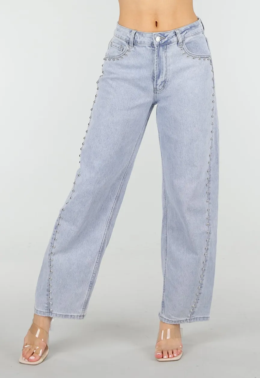 Lichtblauwe Denim Barrel Jeans met Studs en Stretch