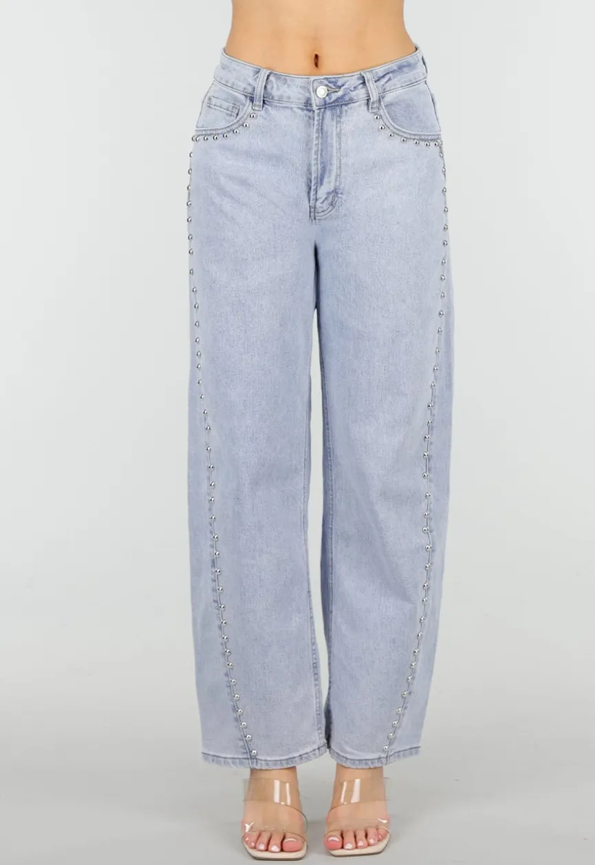 Lichtblauwe Denim Barrel Jeans met Studs en Stretch